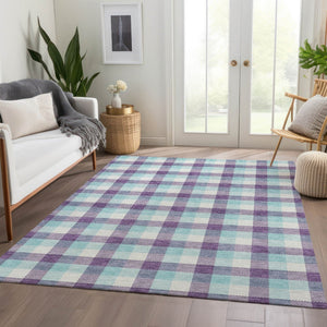 HomeRoots 5' X 8' Washable Purple Ivory Blue Plaid Area Rug with UV Protection for High-Traffic Spaces 682573