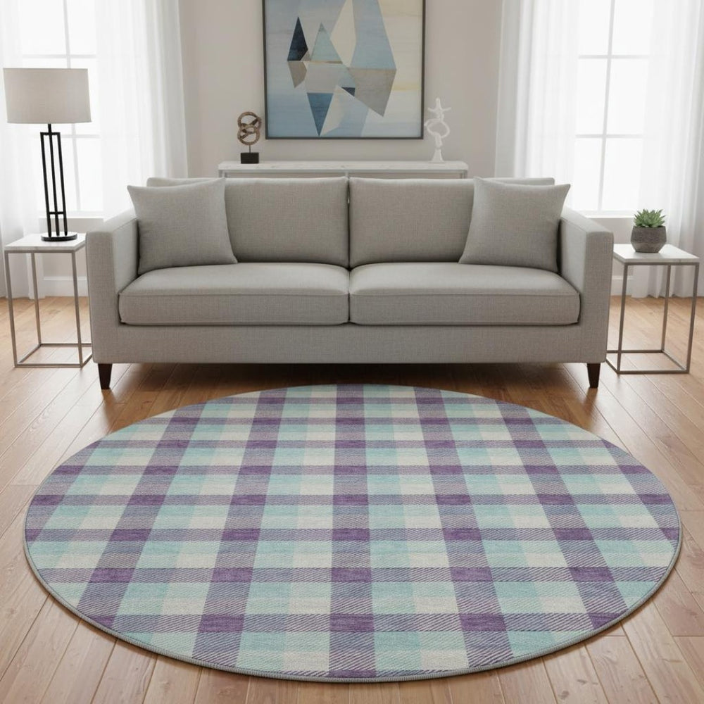 HomeRoots 8' Stylish Purple, Ivory, and Blue Plaid Washable Round Rug with UV Protection for Everyday Living 682574