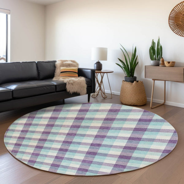 HomeRoots 8' Stylish Purple, Ivory, and Blue Plaid Washable Round Rug with UV Protection for Everyday Living 682574