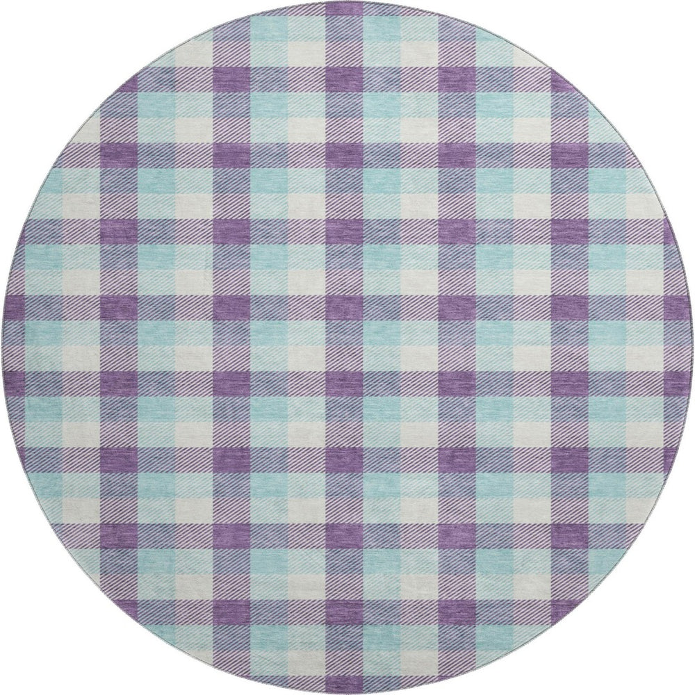 HomeRoots 8' Stylish Purple, Ivory, and Blue Plaid Washable Round Rug with UV Protection for Everyday Living 682574
