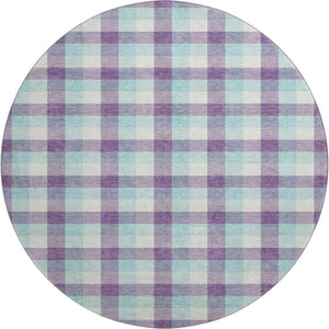 HomeRoots 8' Stylish Purple, Ivory, and Blue Plaid Washable Round Rug with UV Protection for Everyday Living 682574