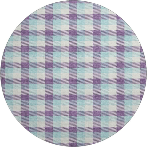 HomeRoots 8' Stylish Purple, Ivory, and Blue Plaid Washable Round Rug with UV Protection for Everyday Living 682574