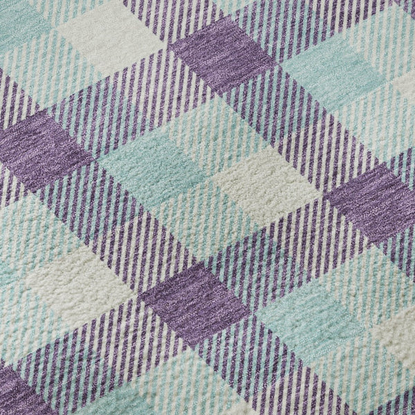 HomeRoots 8' Stylish Purple, Ivory, and Blue Plaid Washable Round Rug with UV Protection for Everyday Living 682574