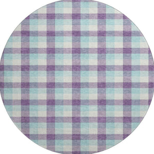 HomeRoots 8' Stylish Purple, Ivory, and Blue Plaid Washable Round Rug with UV Protection for Everyday Living 682574