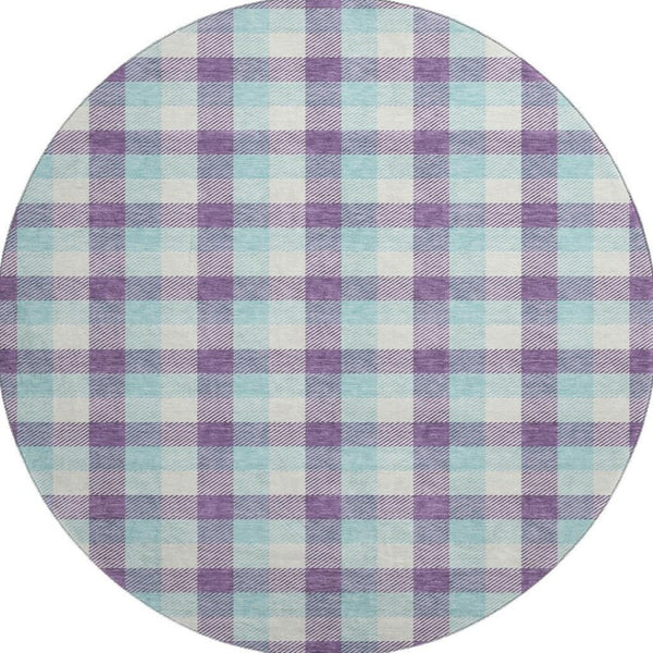 HomeRoots 8' Stylish Purple, Ivory, and Blue Plaid Washable Round Rug with UV Protection for Everyday Living 682574