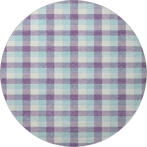 HomeRoots 8' Stylish Purple, Ivory, and Blue Plaid Washable Round Rug with UV Protection for Everyday Living 682574