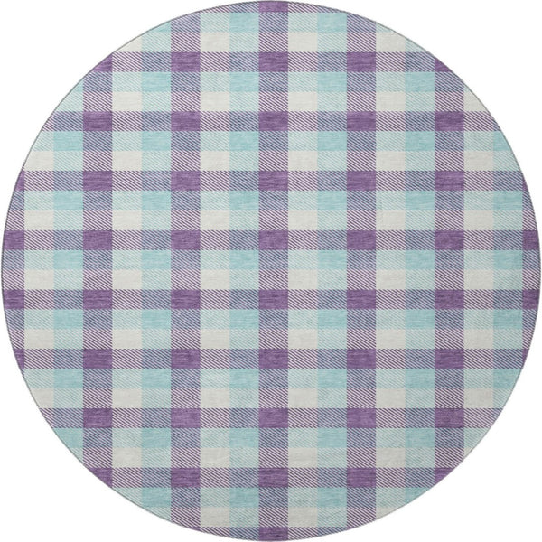 HomeRoots 8' Stylish Purple, Ivory, and Blue Plaid Washable Round Rug with UV Protection for Everyday Living 682574