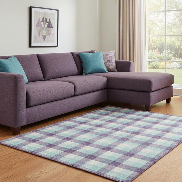 HomeRoots 8' X 10' Stylish Purple, Ivory & Blue Plaid Washable Area Rug with UV Protection for Homes & Patios 682575