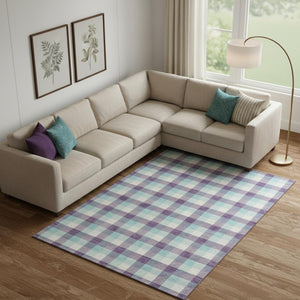HomeRoots 9' X 12' Plaid Area Rug in Purple, Ivory & Blue - Washable, UV Protected & Stain Resistant Design 682576