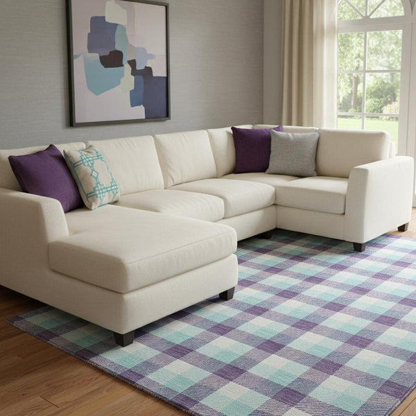 HomeRoots 10' X 14' Purple Ivory & Blue Plaid Washable Area Rug – Stain Resistant, UV Protected & Durable Design! 682577