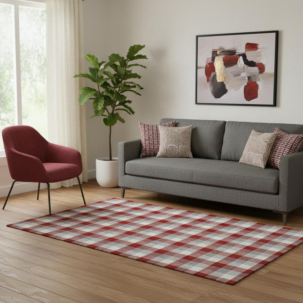 HomeRoots 5' X 8' Washable Red Gray Ivory Plaid Area Rug with UV Protection for Stylish, Durable Living Spaces 682579