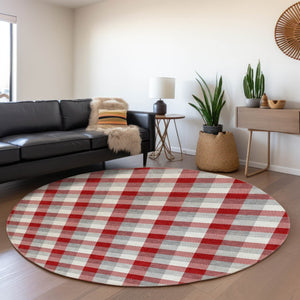 HomeRoots 8' Classic Red Gray Ivory Plaid Washable Round Rug - UV Protected, Durable, Stylish, Easy Care 682580