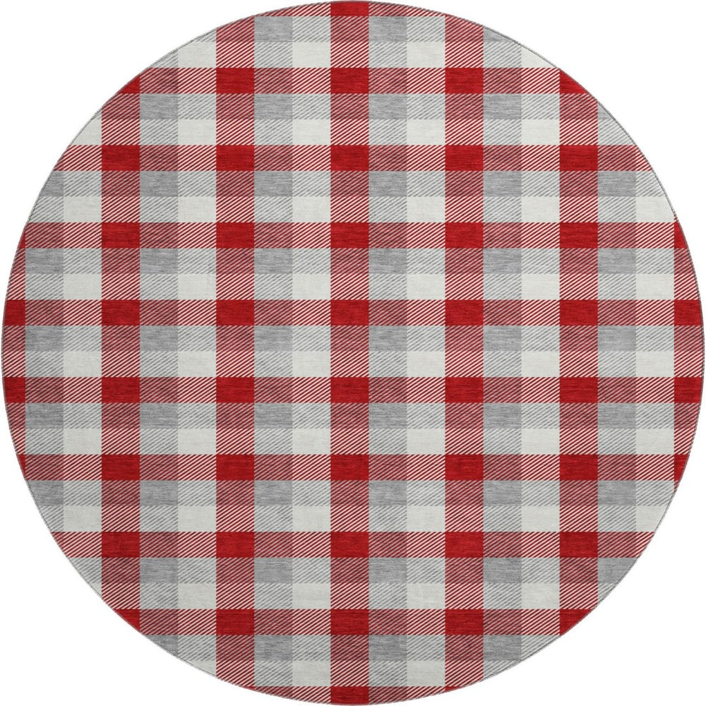 HomeRoots 8' Classic Red Gray Ivory Plaid Washable Round Rug - UV Protected, Durable, Stylish, Easy Care 682580