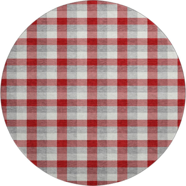 HomeRoots 8' Classic Red Gray Ivory Plaid Washable Round Rug - UV Protected, Durable, Stylish, Easy Care 682580