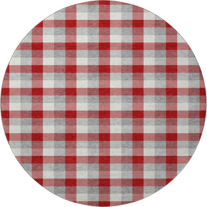 HomeRoots 8' Classic Red Gray Ivory Plaid Washable Round Rug - UV Protected, Durable, Stylish, Easy Care 682580