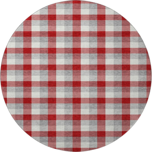 HomeRoots 8' Classic Red Gray Ivory Plaid Washable Round Rug - UV Protected, Durable, Stylish, Easy Care 682580