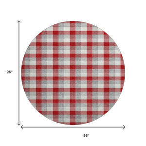 HomeRoots 8' Classic Red Gray Ivory Plaid Washable Round Rug - UV Protected, Durable, Stylish, Easy Care 682580