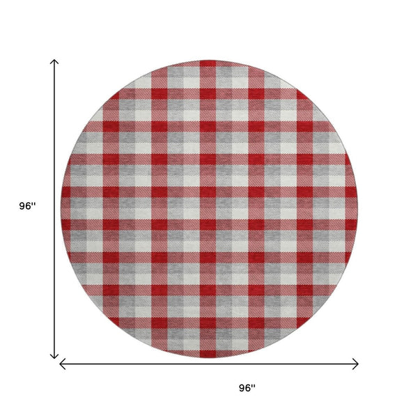 HomeRoots 8' Classic Red Gray Ivory Plaid Washable Round Rug - UV Protected, Durable, Stylish, Easy Care 682580