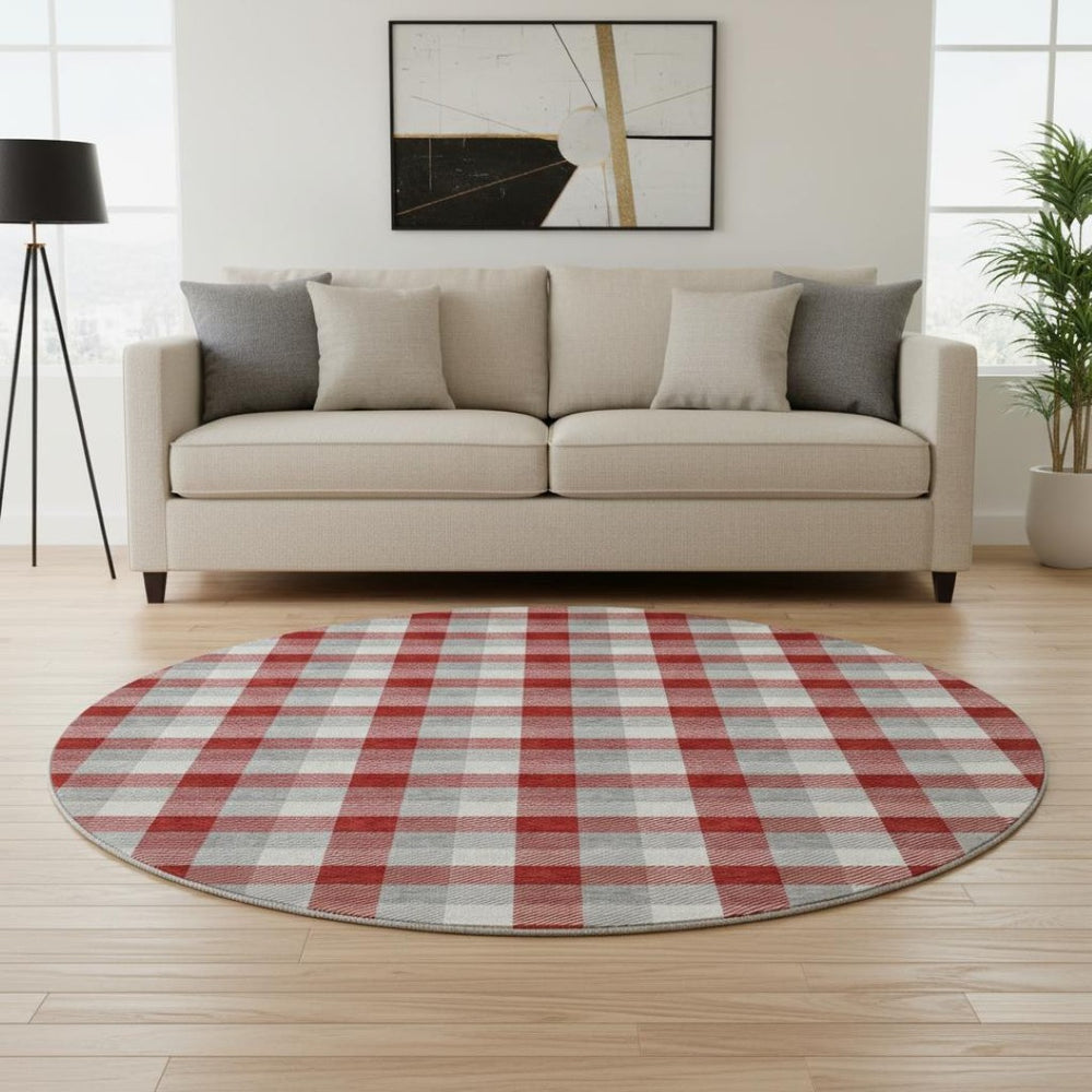 HomeRoots 8' Classic Red Gray Ivory Plaid Washable Round Rug - UV Protected, Durable, Stylish, Easy Care 682580