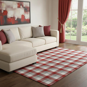HomeRoots 8' X 10' Washable Plaid Area Rug in Red, Gray & Ivory - Durable, Stain-Resistant, UV Protected Elegance 682581