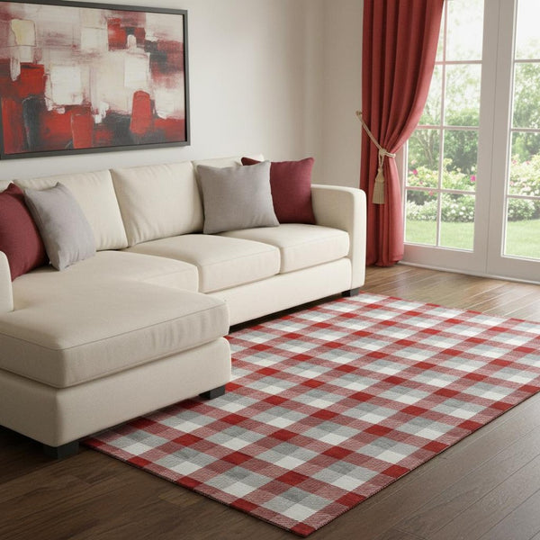 HomeRoots 8' X 10' Washable Plaid Area Rug in Red, Gray & Ivory - Durable, Stain-Resistant, UV Protected Elegance 682581