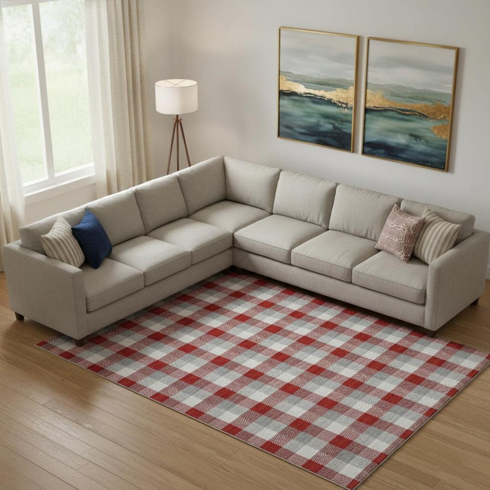HomeRoots 9' X 12' Stylish Red Gray Ivory Plaid Washable Area Rug with UV Protection for High-Traffic Spaces 682582