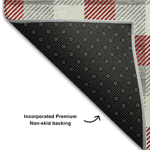 HomeRoots 9' X 12' Stylish Red Gray Ivory Plaid Washable Area Rug with UV Protection for High-Traffic Spaces 682582