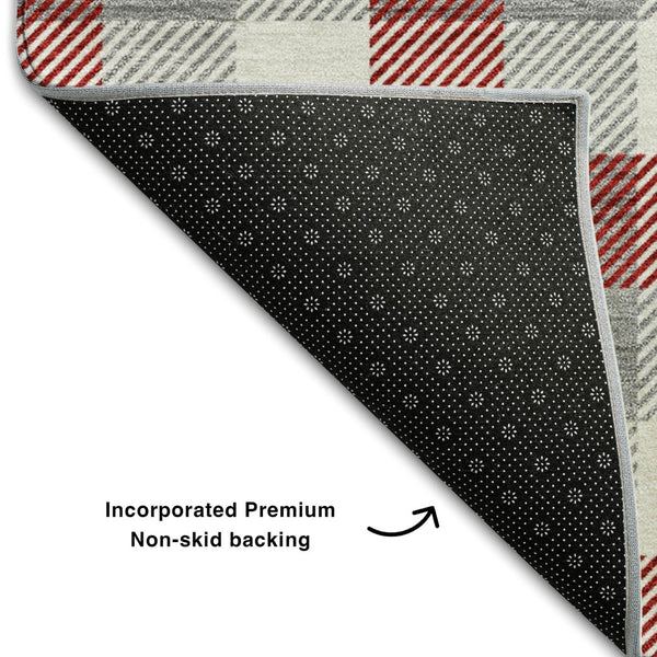 HomeRoots 9' X 12' Stylish Red Gray Ivory Plaid Washable Area Rug with UV Protection for High-Traffic Spaces 682582