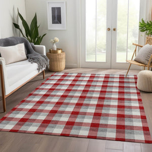 HomeRoots 9' X 12' Stylish Red Gray Ivory Plaid Washable Area Rug with UV Protection for High-Traffic Spaces 682582