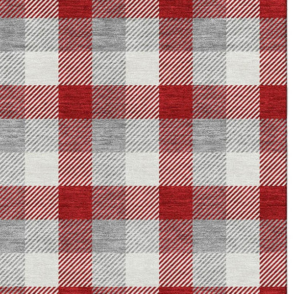 HomeRoots 9' X 12' Stylish Red Gray Ivory Plaid Washable Area Rug with UV Protection for High-Traffic Spaces 682582