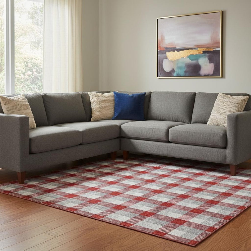 HomeRoots 10' X 14' Washable Plaid Area Rug - Red, Gray & Ivory with UV Protection for High-Traffic Spaces 682583