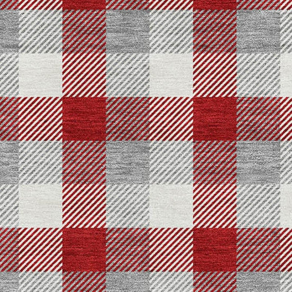 HomeRoots 10' X 14' Washable Plaid Area Rug - Red, Gray & Ivory with UV Protection for High-Traffic Spaces 682583