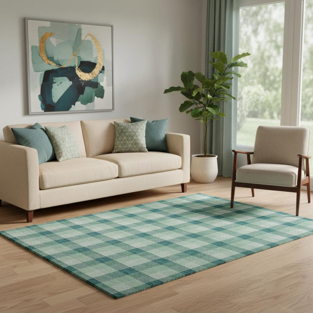 HomeRoots 5' X 8' Aqua Ivory Green Plaid Washable Area Rug with Stain Resistance & UV Protection Features 682585