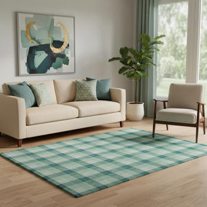HomeRoots 5' X 8' Aqua Ivory Green Plaid Washable Area Rug with Stain Resistance & UV Protection Features 682585