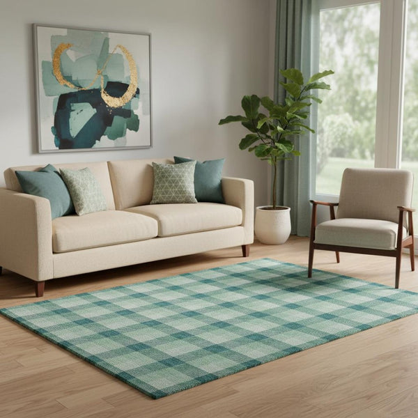 HomeRoots 5' X 8' Aqua Ivory Green Plaid Washable Area Rug with Stain Resistance & UV Protection Features 682585