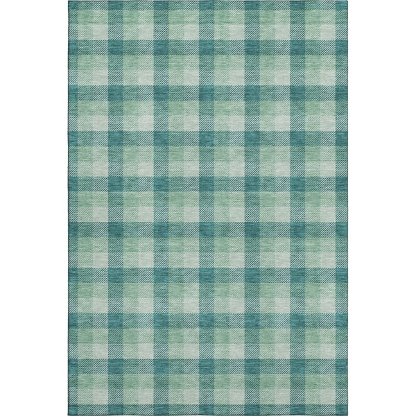 HomeRoots 5' X 8' Aqua Ivory Green Plaid Washable Area Rug with Stain Resistance & UV Protection Features 682585