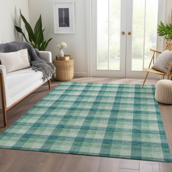 HomeRoots 5' X 8' Aqua Ivory Green Plaid Washable Area Rug with Stain Resistance & UV Protection Features 682585