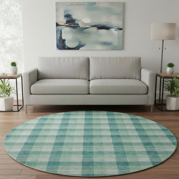 HomeRoots 8' Washable Round Rug in Aqua, Ivory & Green Plaid – Durable, UV-Protected, Ideal for Busy Homes 682586