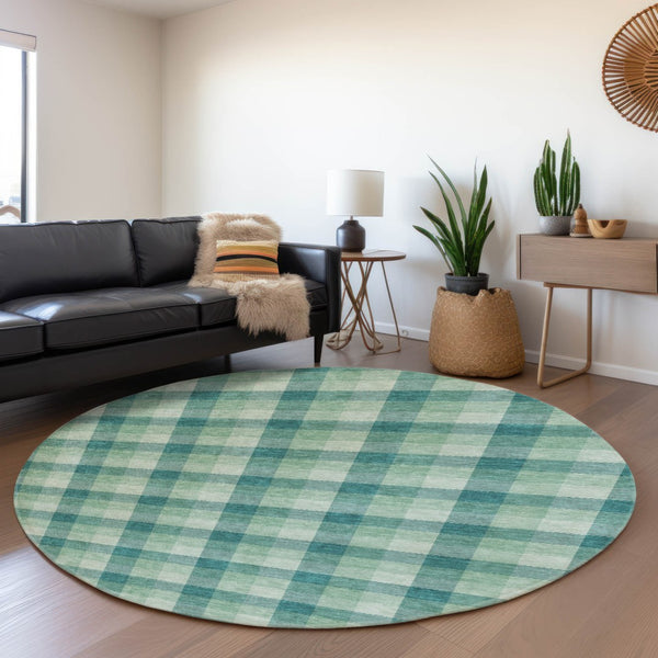 HomeRoots 8' Washable Round Rug in Aqua, Ivory & Green Plaid – Durable, UV-Protected, Ideal for Busy Homes 682586