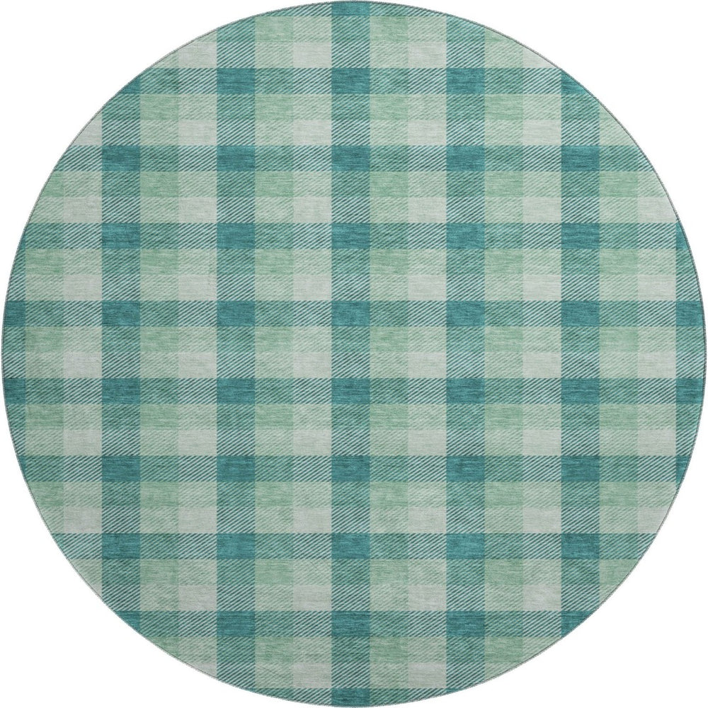 HomeRoots 8' Washable Round Rug in Aqua, Ivory & Green Plaid – Durable, UV-Protected, Ideal for Busy Homes 682586