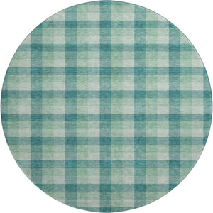 HomeRoots 8' Washable Round Rug in Aqua, Ivory & Green Plaid – Durable, UV-Protected, Ideal for Busy Homes 682586