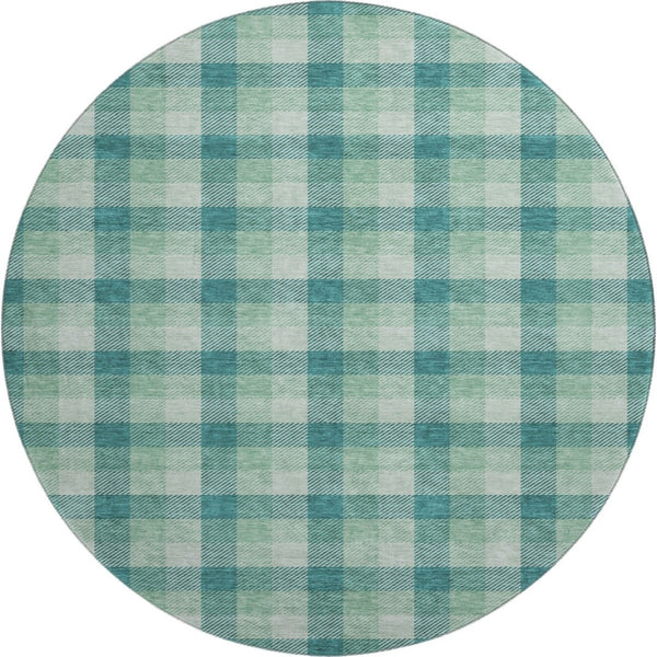 HomeRoots 8' Washable Round Rug in Aqua, Ivory & Green Plaid – Durable, UV-Protected, Ideal for Busy Homes 682586