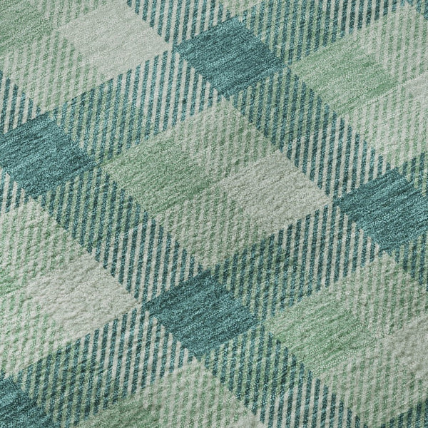 HomeRoots 8' Washable Round Rug in Aqua, Ivory & Green Plaid – Durable, UV-Protected, Ideal for Busy Homes 682586