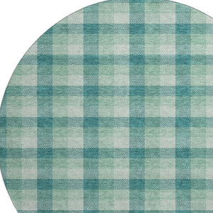 HomeRoots 8' Washable Round Rug in Aqua, Ivory & Green Plaid – Durable, UV-Protected, Ideal for Busy Homes 682586