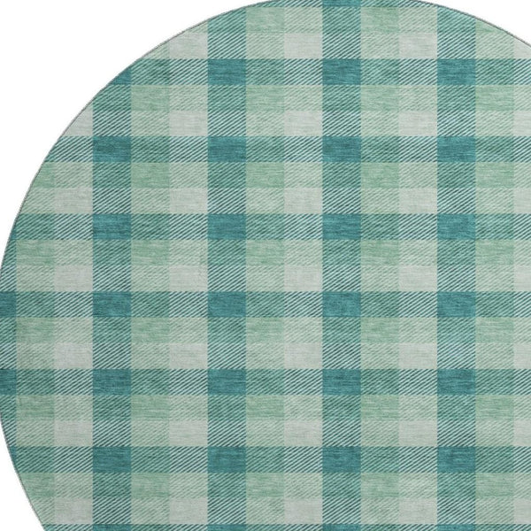HomeRoots 8' Washable Round Rug in Aqua, Ivory & Green Plaid – Durable, UV-Protected, Ideal for Busy Homes 682586