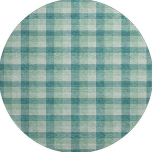 HomeRoots 8' Washable Round Rug in Aqua, Ivory & Green Plaid – Durable, UV-Protected, Ideal for Busy Homes 682586