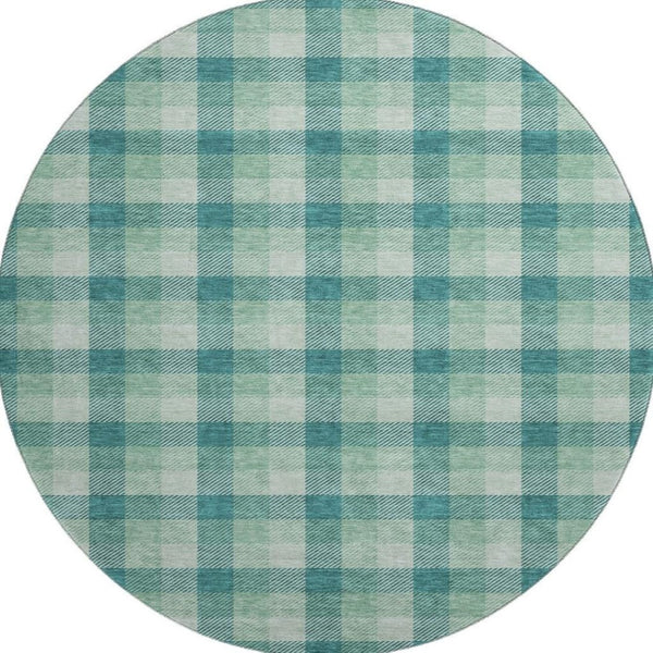 HomeRoots 8' Washable Round Rug in Aqua, Ivory & Green Plaid – Durable, UV-Protected, Ideal for Busy Homes 682586