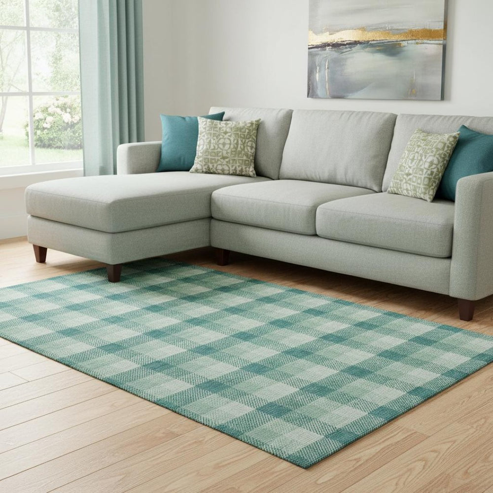HomeRoots 8' X 10' Aqua Ivory Green Plaid Washable Area Rug with UV Protection - Durable, Stylish, and Safe for Kids! 682587