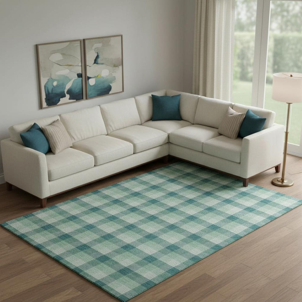 HomeRoots 9' X 12' Aqua Ivory Green Plaid Washable Area Rug – UV Protected, Durable, Stylish for Any Space 682588