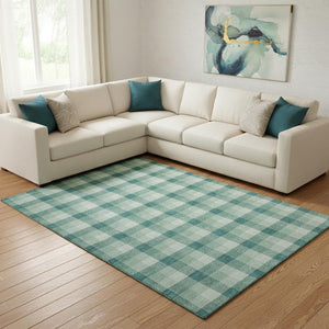 HomeRoots 10' Aqua, Ivory & Green Plaid Washable Area Rug – UV Protected, Durable & Easy-Care for Homes 682589